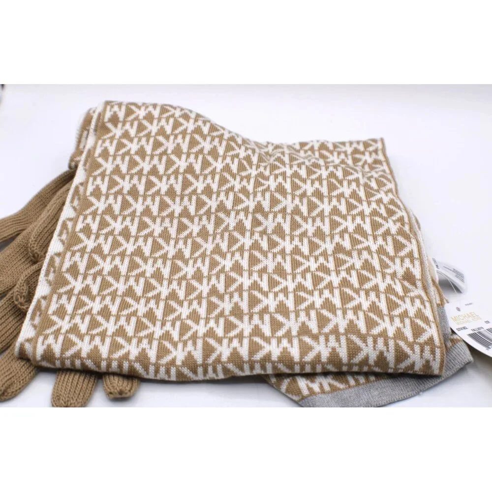 Michael Kors Matching Tan & White Monogram Knit Gloves Scarf & Beanie Set NWT - Picture 4 of 8